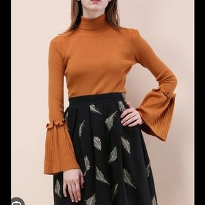 Chicwish knit turtleneck flare bell ruffle sleeves burnt orange ribbed S small